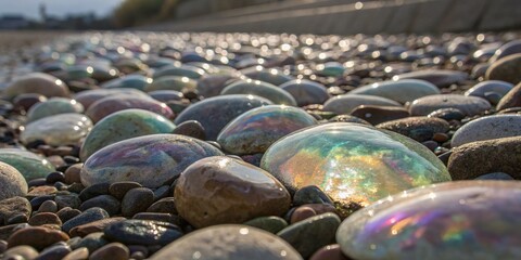 Fototapeta premium Iridescent Mother of Pearl Stones: Smooth, Rounded, Full-Screen Texture