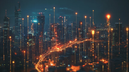 Fototapeta premium Smart digital Innovation city with connection network reciprocity over the cityscape. of future smart wireless digital city and social media networking systems that connects people with in city