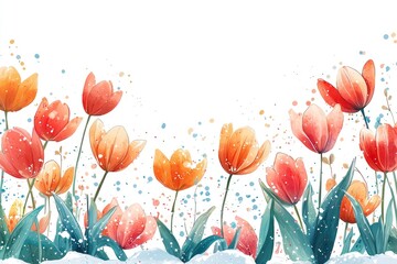 Colorful Floral Border with Tulips and Snowflakes Creating a Winter Wonderland Scene for Holiday and Christmas-Themed Designs