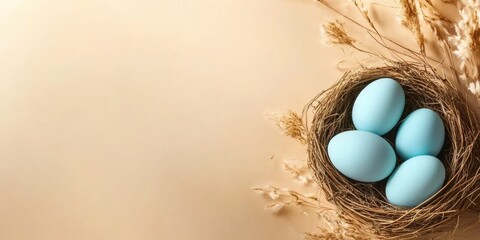 A serene and tranquil Easter nest, beautifully adorned with pastel blue eggs, rests gently among dried flora, representing the joy and renewal that the Easter celebration brings to our lives