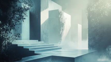 Foggy Concrete Structure with Steps and Trees
