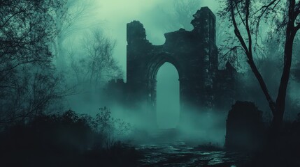 A Mystical Ruined Archway in a Foggy Forest