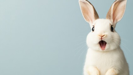 Obraz premium An adorable white rabbit expresses surprise, symbolizing joy and renewal during Easter. Its cheerful interactions with flowers and treats capture the seasons innocence, beauty, and festive spirit