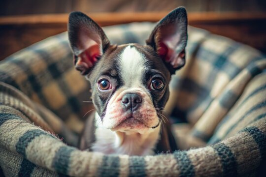 Sweet Boston Terrier puppy snuggles in its crate, a precious pet photography moment.