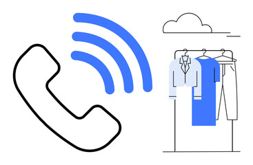 Phone receiver with signal waves, clothing rack with garments, and a cloud overhead. Ideal for retail, fashion, online shopping, customer service, communication, apparel industry remote assistance