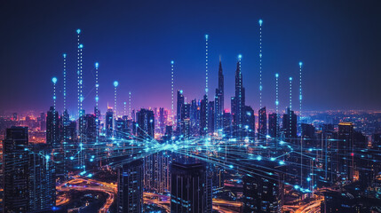 Fototapeta premium Smart digital Innovation city with connection network reciprocity over the cityscape. of future smart wireless digital city and social media networking systems that connects people with in city