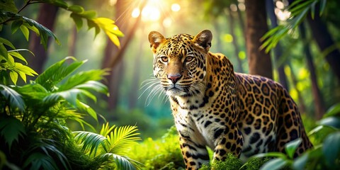 Fototapeta premium Javan Leopard Miniature Wildlife: Stealthy Hunt in Lush Forest