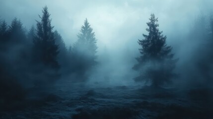 Tall Pine Trees Silhouetted in a Dense Foggy Forest