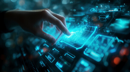 Futuristic holographic payment interface with ghostly contactless technology, view of hand and display