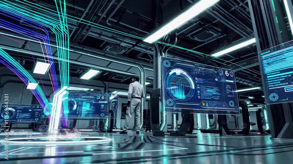 Aufkleber exploring advanced technology in a futuristic lab with interactive holograms and data displays