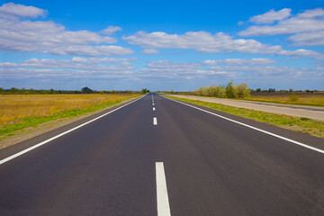 long asphalt road among green plain under a blue cloudy sky