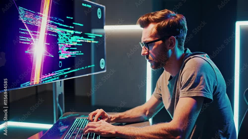 Poster Focused programmer working intensely on coding in a modern workspace with glowing screens and a minimalist design