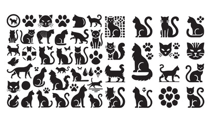 A charming variety of cat silhouettes displaying diverse poses, facial expressions, paw prints, and playful designs. Perfect for Animals/Wildlife, Abstract, Art/Textures, Signs/Symbols, and Nature