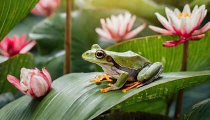 Close-up of a frog sitting on a large tropical leaf near blooming flowers