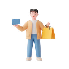 A cheerful individual holding shopping bags, symbolizing retail therapy and enjoyment., isolated on a transparent background.