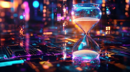 Futuristic hourglass with glowing sand in vibrant digital landscape