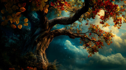 Emotional Ancient Tree with Celestial Backdrop and Shifting Colors