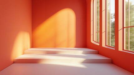 Orange room with big windows casting shadows on steps