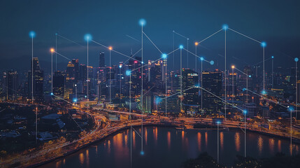 Fototapeta premium Smart digital Innovation city with connection network reciprocity over the cityscape. of future smart wireless digital city and social media networking systems that connects people with in city