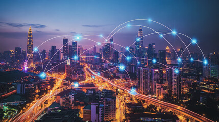 Fototapeta premium Smart digital Innovation city with connection network reciprocity over the cityscape. of future smart wireless digital city and social media networking systems that connects people with in city