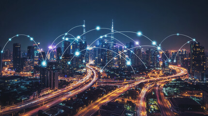 Fototapeta premium Smart digital Innovation city with connection network reciprocity over the cityscape. of future smart wireless digital city and social media networking systems that connects people with in city