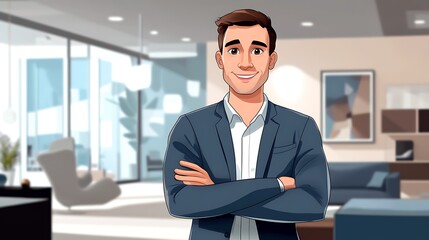 Obraz premium Confidently Smiling Businessman Illustration: Modern Office Setting, Digital Painting in a Realistic Style. AI Generated
