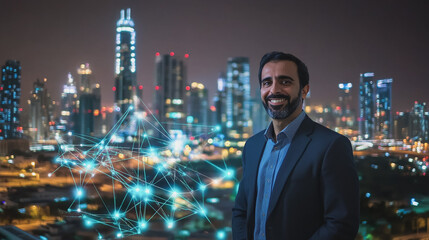 Fototapeta premium Abstract business man stands on the peak of success amid tall, innovative Smart city and graphs with statistics to analyze business potential and predict future developments in company growth.