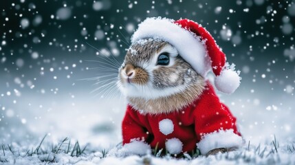 Cute Bunny in Santa Hat Surrounded by Snowflakes in Winter Scene