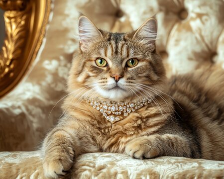 Majestic longhair cat wearing a diamond necklace, lounging on a luxurious gold armchair.  Elegant feline portrait.