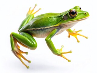 Obraz premium Leaping Frog on White Background - High-Resolution Drone Photography Stock Photo
