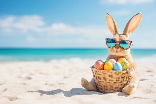 On a sunny beach day, a joyful Easter bunny enjoys the warm weather, happily working with a vibrant basket of colorful eggs, embodying the festive spirit of the holiday celebration