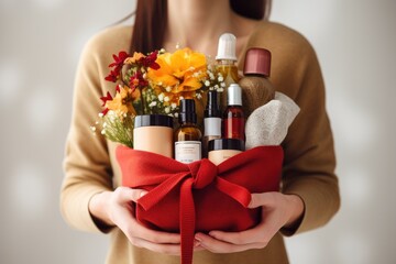 Closeup of woman with gift basket on light background