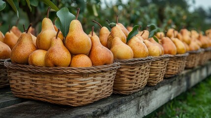 Ripe pears in wicker baskets at an orchard.