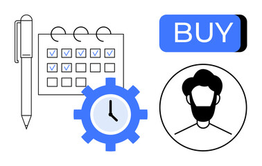 Pen, calendar with check marks, gear with clock, BUY button, and a user silhouette. Ideal for productivity apps, e-commerce, time management, scheduling, business planning, user accounts, and project