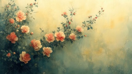 Vintage floral wallpaper design featuring large mustard yellow roses and delicate blooms, set against a dusty green textured background with a classic, retro-inspired aesthetic. Background