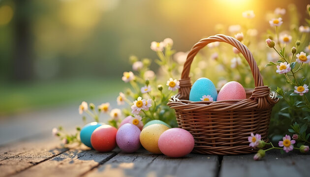 Huevos de pascua pintados de distintos colores en una cesta de mimbre y con flores de margaritas de decoraci&oacute;n. Fondo campestre para pascua