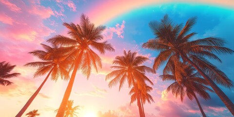 Tall Palm Trees Under a Vibrant Rainbow Sky