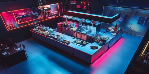 Futuristic culinary studio illuminated by neon lights, aerial perspective showcasing advanced cooking tech, artistic plating, vibrant atmosphere