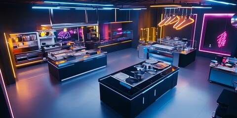 Futuristic culinary studio illuminated by neon lights, aerial perspective showcasing advanced cooking tech, artistic plating, vibrant atmosphere