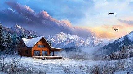 Fototapeta premium A cozy lodge in the mountains, surrounded by tall snow-covered trees.