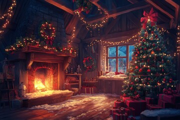 Cozy Christmas cabin scene with fireplace, tree, and gifts. Perfect for holiday cards, websites, or winter themed projects.