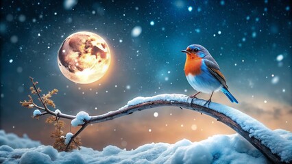 Lonely Loxia Bird on Snowy Branch - Winter Snowfall Wildlife Photography