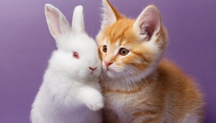 playful ginger kitten and white rabbit hugging on purple background, an animal duo concept representing friendship and love