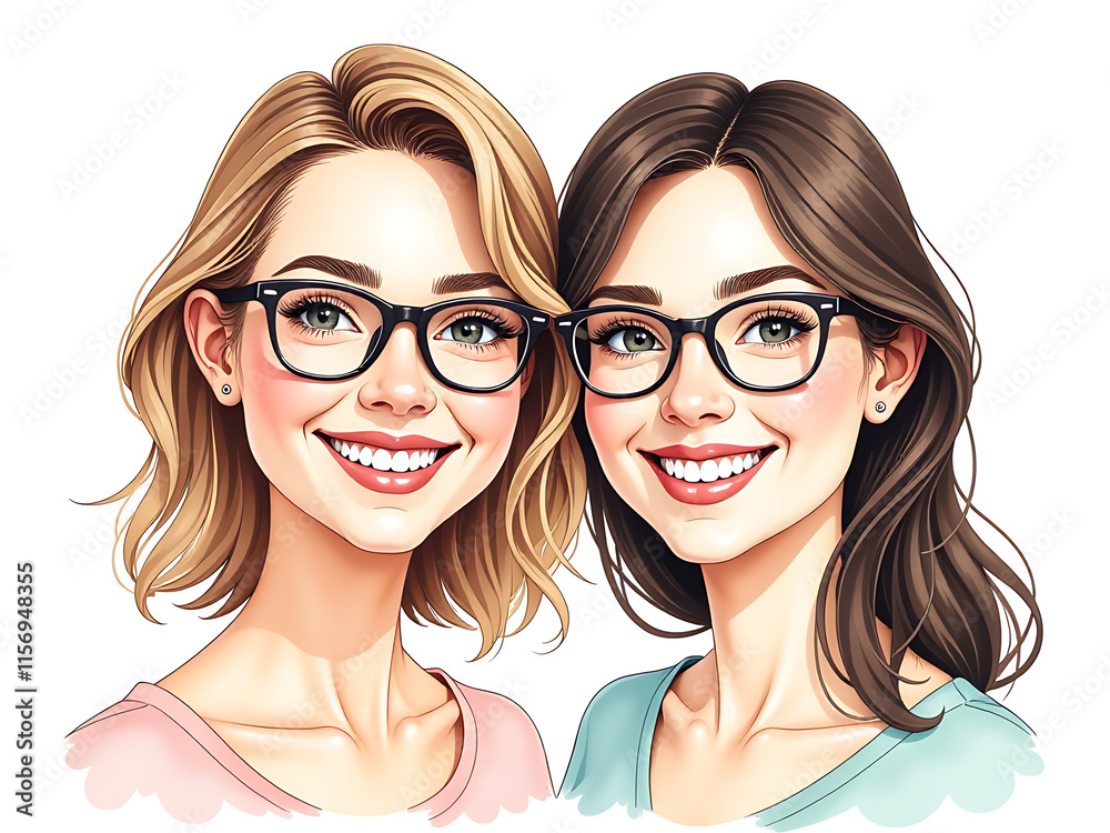 Aufkleber two smiling women with glasses are depicted in a watercolor illustration created using generative ai