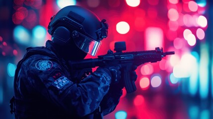 Naklejka premium Tactical Officer in Action with Weapon Under Neon Lights