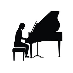 a black silhouette of a person sitting at a grand piano
