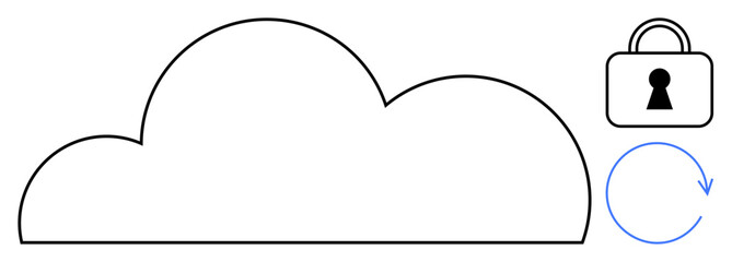 Cloud outline, padlock, and circular arrow symbolize cloud storage, data security, and backup. Ideal for cloud computing, cybersecurity, online storage, data protection information technology