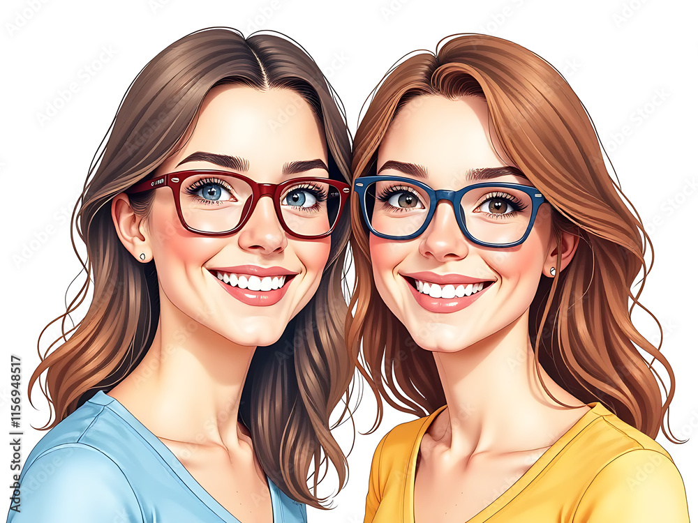 Aufkleber two smiling women with glasses are depicted in a watercolor illustration created using generative ai