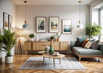 Fototapeta premium Long Exposure: Scandinavian Living Room with Mockup Poster Frames, Books, and Decor