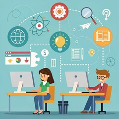 business technology online education with students using computers connected to e-learning and research concepts . flat vector illustration cartoon design